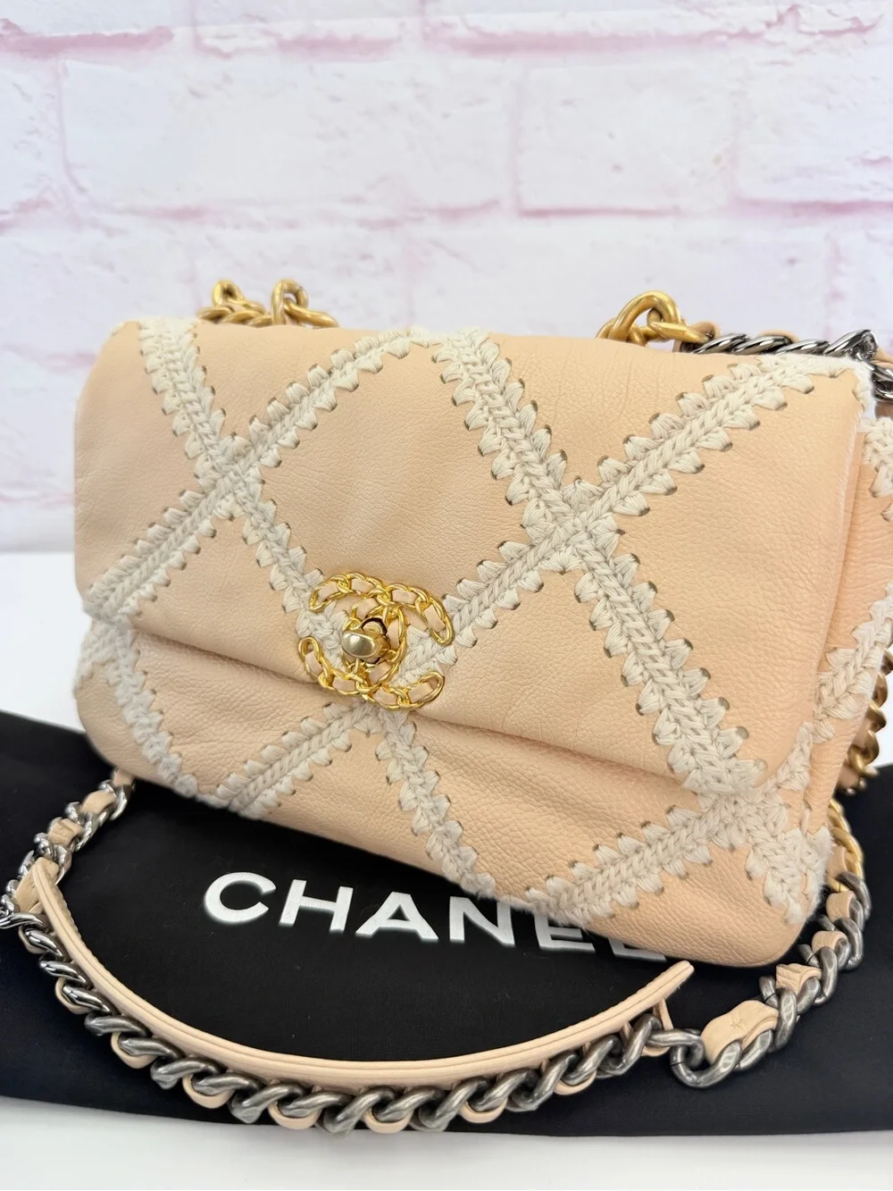 Chanel 19 Flap Medium Calfskin Crochet Shoulder Bag Beige